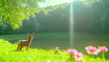 A spotted fawn gazes across a calm lake nestled in a vibrant green landscape under a sunlit sky Lush foliage and delic