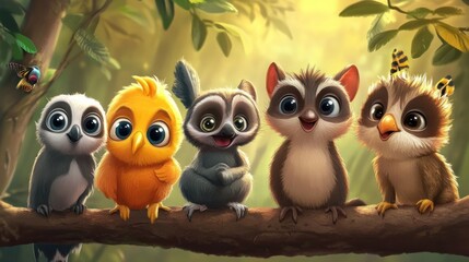 Cute forest animals on a branch