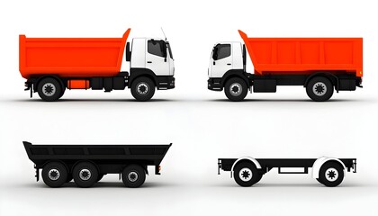 Four views of a dump truck; two orange, two black, showing side and rear profiles, isolated on white