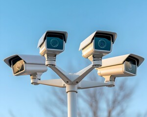 Four white security cameras mounted on a pole against a clear blue sky