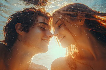 Underwater Couple Romance: Sunlit Kiss in Ocean