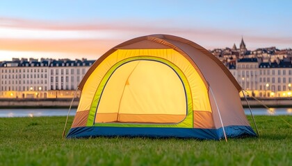 Illuminated dome tent pitched on grassy riverside, cityscape backdrop at sunset
