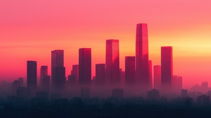 Obraz premium Vibrant Sunset Over Urban Skyline with Skyscrapers and Fog
