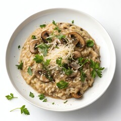 Delicious mushroom risotto topped with fresh parsley and parmesan cheese. Perfect for food blogs, restaurant menus, and culinary publications.