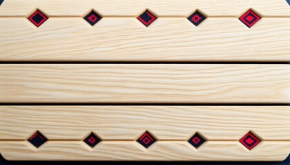Light wood plank background with carved geometric red and black diamond patterns at the top and bottom
