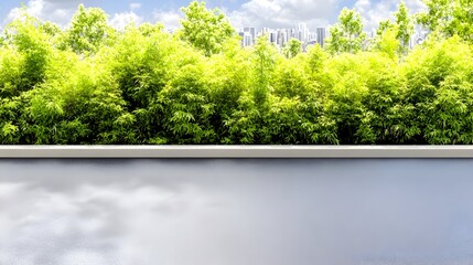Lush green foliage atop a pale wall city skyline visible in background