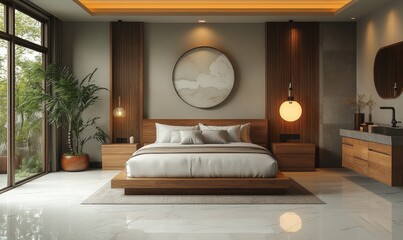 Modern bedroom interior design with a calming aesthetic.