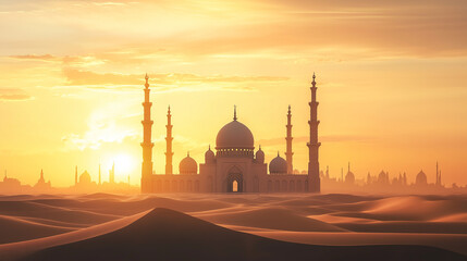 Eid Adha Banner with Glowing Mosque Under Yellow Sunset Sky Featuring Majestic Minarets and Sacred Ambience for Islamic Holiday Invitation