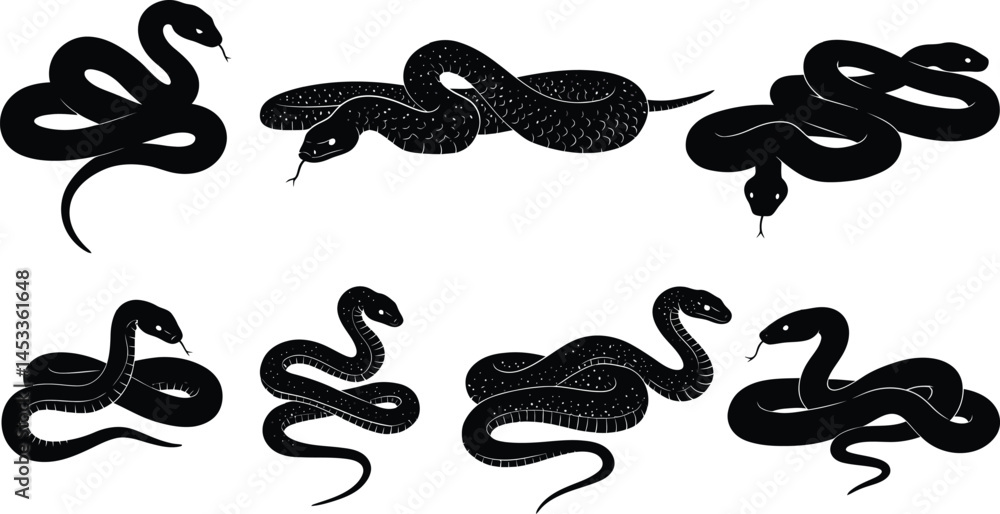 Poster black silhouette snake vector set with different coiled and striking poses for design and illustrati