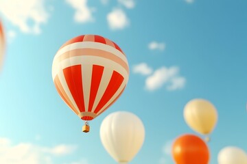 Red and white striped hot air balloon floats in a clear blue sky surrounded by other balloons of various colors