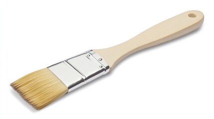 A paint brush with wooden handle lies isolated on white.
