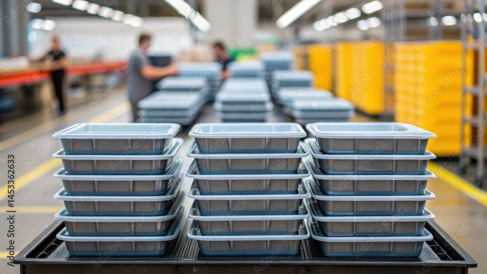 Poster plastic trays stacked on pharma production line in factory with workers in background ensuring smoot