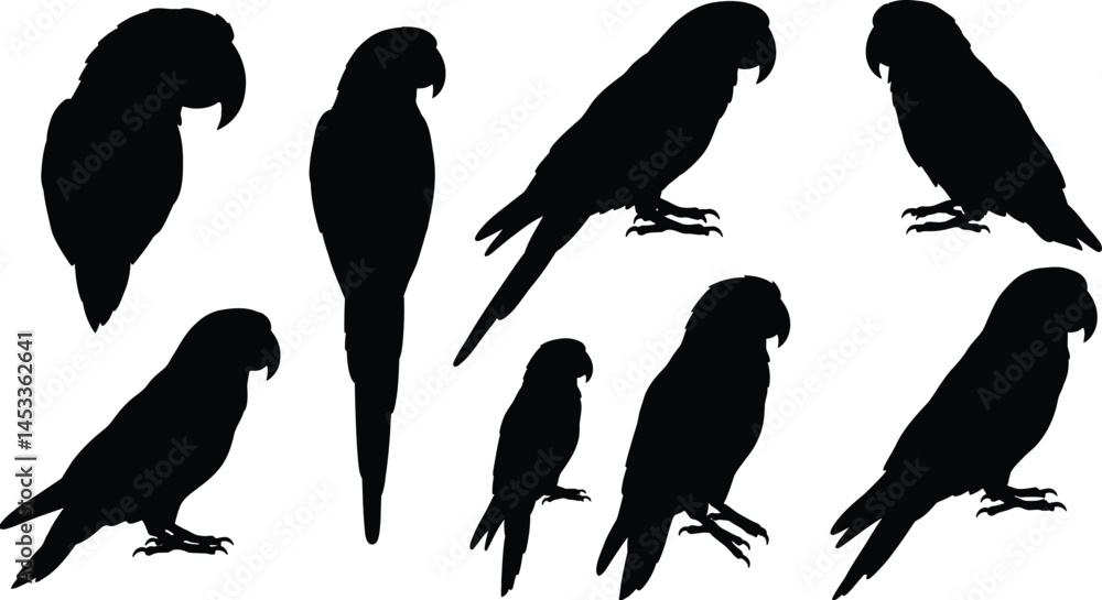 Poster parrot silhouette vector set with various perched poses and side views for creative design projects
