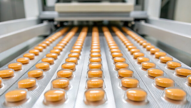 Pharma production line with orange tablets arranged in blister packs moving through automated packaging machinery in clean industrial environment