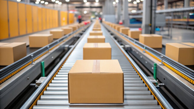 Pharma production line with cardboard boxes moving on conveyor belts in large industrial warehouse for packaging and shipping
