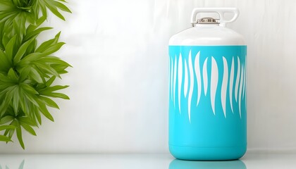 Teal cylindrical container with white flame design  rests on a white surface near greenery