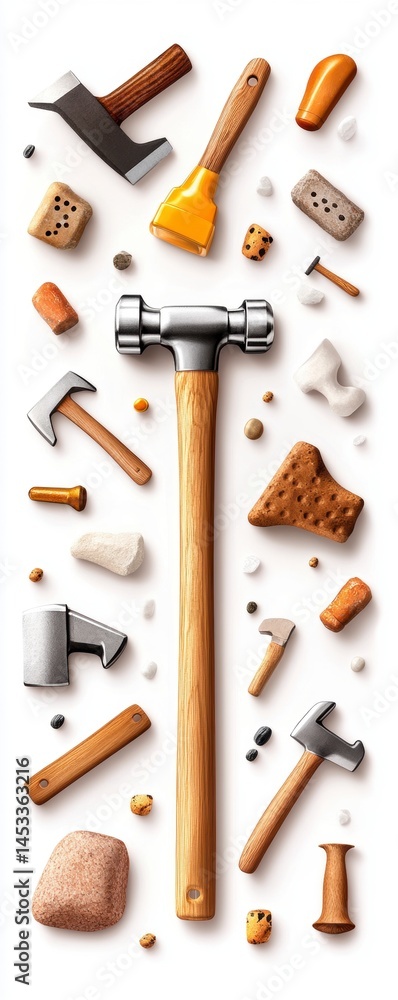 Poster crafting tools in action artistic hammer and chisel display workshop environment creative compositio