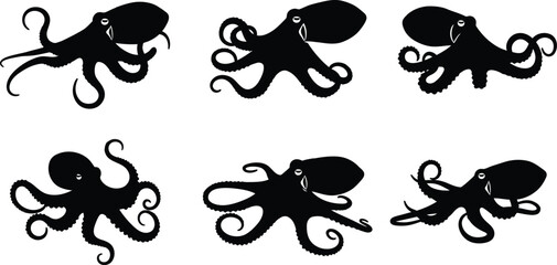 Fototapeta premium Octopus silhouettes in various playful poses underwater marine life illustrations vector set 