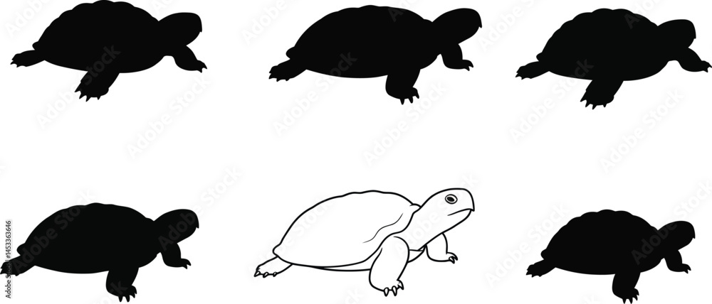 Poster turtle silhouettes and line art vector collection of various swimming turtle poses in black and whit