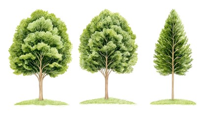 Fototapeta premium Watercolor painting of three trees one round-topped one oval-topped and one tall slender tree Each is set on a sma