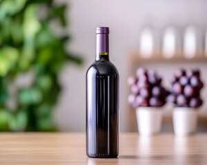 A bottle of red wine sits on a wooden table, with blurred grapes and greenery in the background