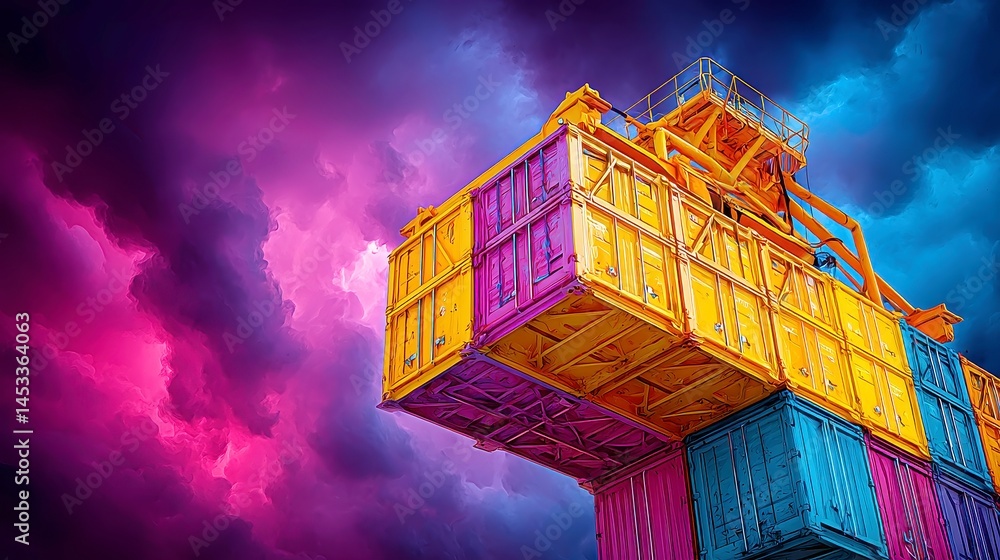 Poster crane in action with freight under stormy skies, a powerful scene showcasing a container crane loadi