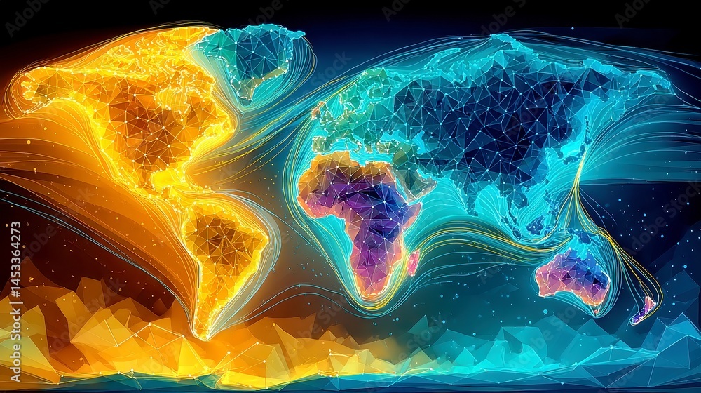 Poster animated global shipping map, dynamic trade routes highlighted, container ships moving across oceans