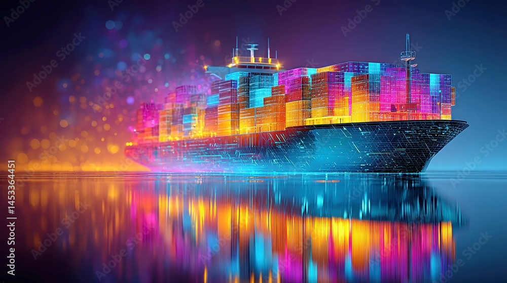 Poster global shipping overview, a container ship navigating vast waters, dynamic data tags display origin-