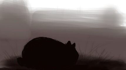 Somber Silhouette: Artistic Rendition of a Feline in a Dim Landscape