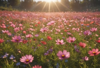 Fototapeta premium Sun-drenched cosmos flowers in a picturesque field, petals glowing , botany, golden, white cosmos