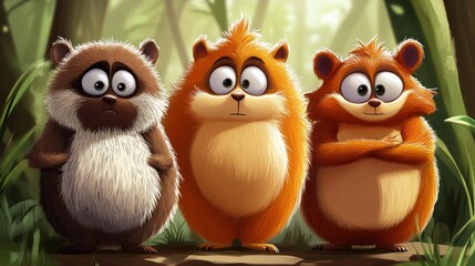 Fototapeta premium Cute furry creatures in a jungle setting