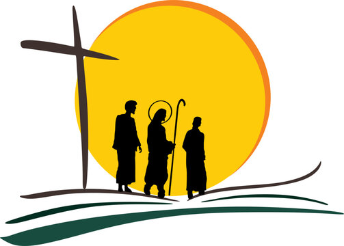 Ilustra&ccedil;&atilde;o vetorial de disc&iacute;pulos caminhando com Jesus para Ema&uacute;s colorida