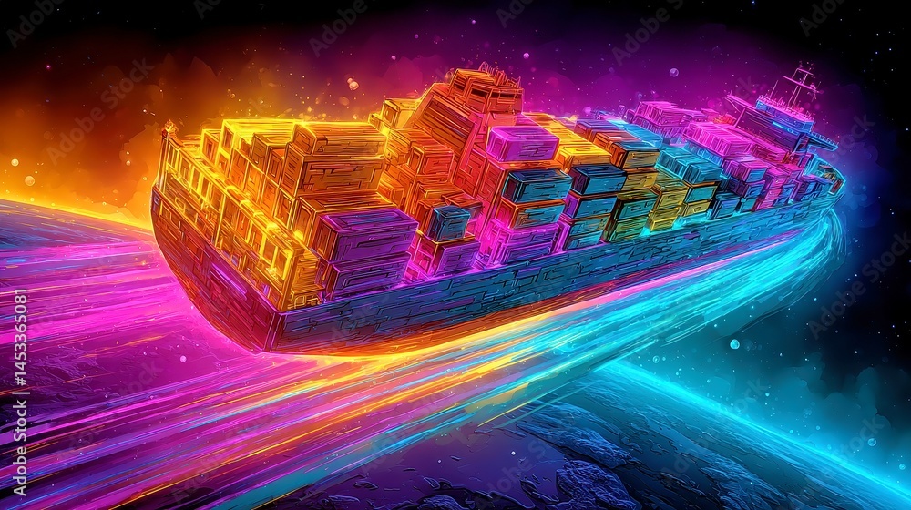 Poster global maritime logistics visualization, aerial view of container ships navigating oceans, vibrant n