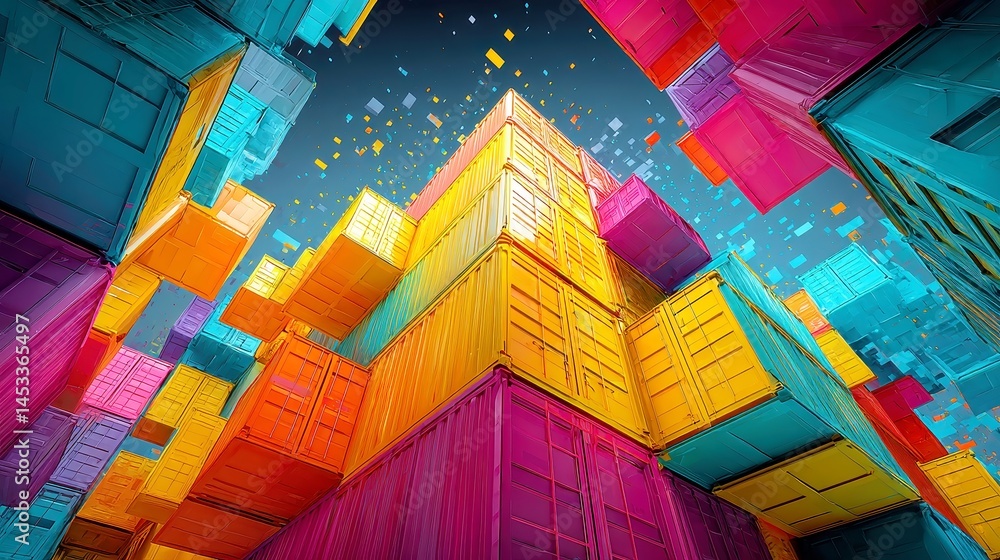 Poster abstract digital composition of layered containers transforming into data blocks, representing innov