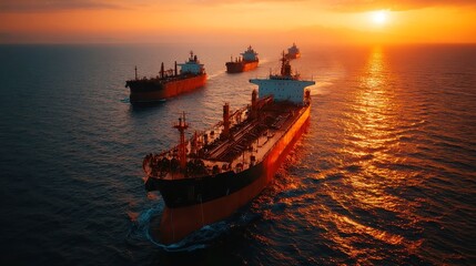 Obraz premium Sunset Over Global Shipping Lane, cargo vessels navigating toward a bustling port, vibrant colors reflecting on the water, showcasing international trade and maritime activity.