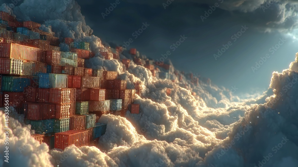 Poster abstract digital artwork depicting stacked containers transforming into data blocks, representing th