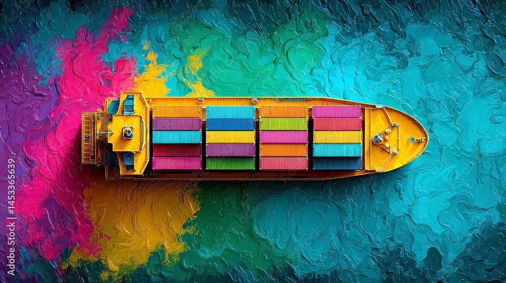 Aufkleber aerial perspective of a colossal container ship navigating vibrant teal waters, showcasing a colorfu