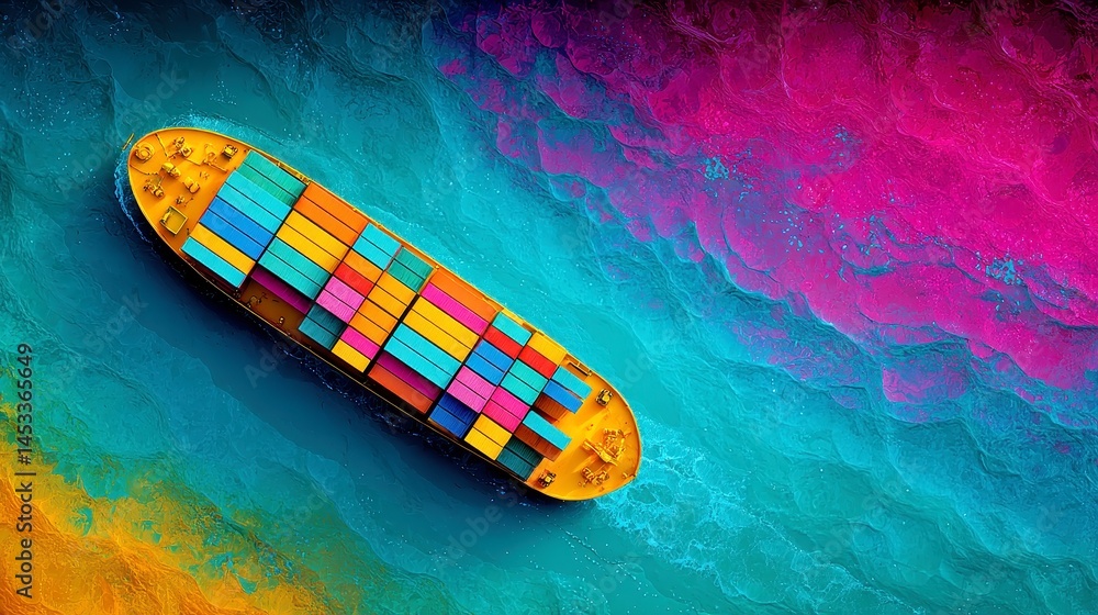 Aufkleber aerial perspective of a large container ship navigating vibrant teal waters, featuring neatly arrang
