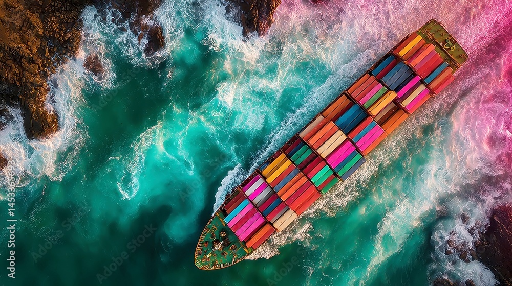 Aufkleber aerial perspective of a large cargo vessel navigating vibrant teal waters, topped with neatly arrang