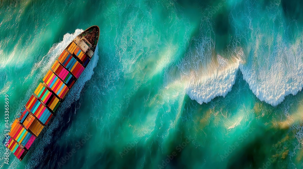 Poster aerial perspective of a container ship navigating teal waves, stacked color-coded cargo containers i