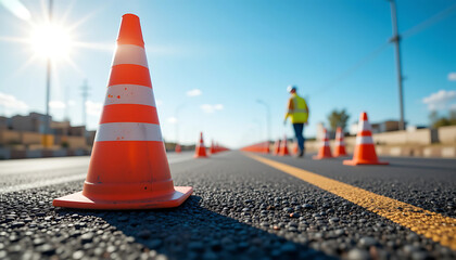 Road Safety Concept with Traffic Cones on Asphalt Highway – Construction Zone Alert
