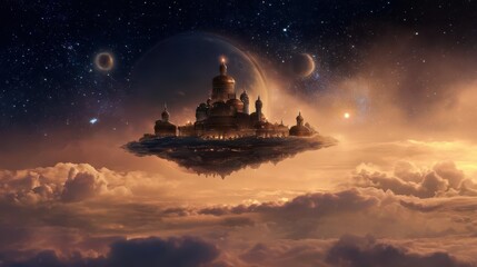 Celestial Fantasy Kingdom Hovering Over Glowing Planet