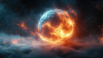 Obraz premium Fiery Ice Orb with Cosmic Nebula.