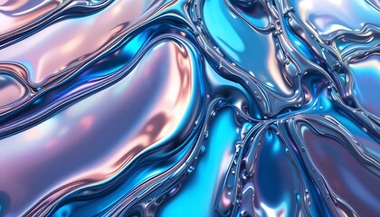 Abstract, iridescent surface with flowing lines reflecting blues and pinks in a liquid texture.