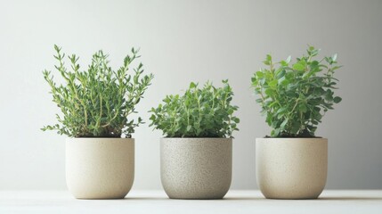 Small herbs in pots, fresh plants and organic growth with minimalistic indoor