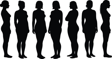 Female silhouette group standing side view and front view in black vector illustration 