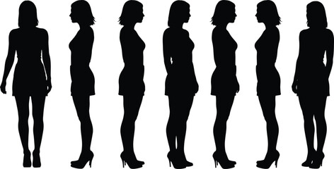 Women silhouette vector set showing front, side, and back views in standing poses with high heels and casual dress 