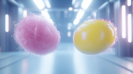 Dynamic floating colorful eggs futuristic laboratory 3d animation high-tech environment close-up view visual impact