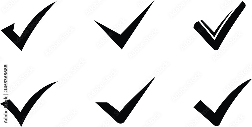 Poster set of six black check mark symbols in vector style for design and verification purposes