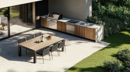 Modern outdoor kitchen with dining table on a patio, backyard BBQ